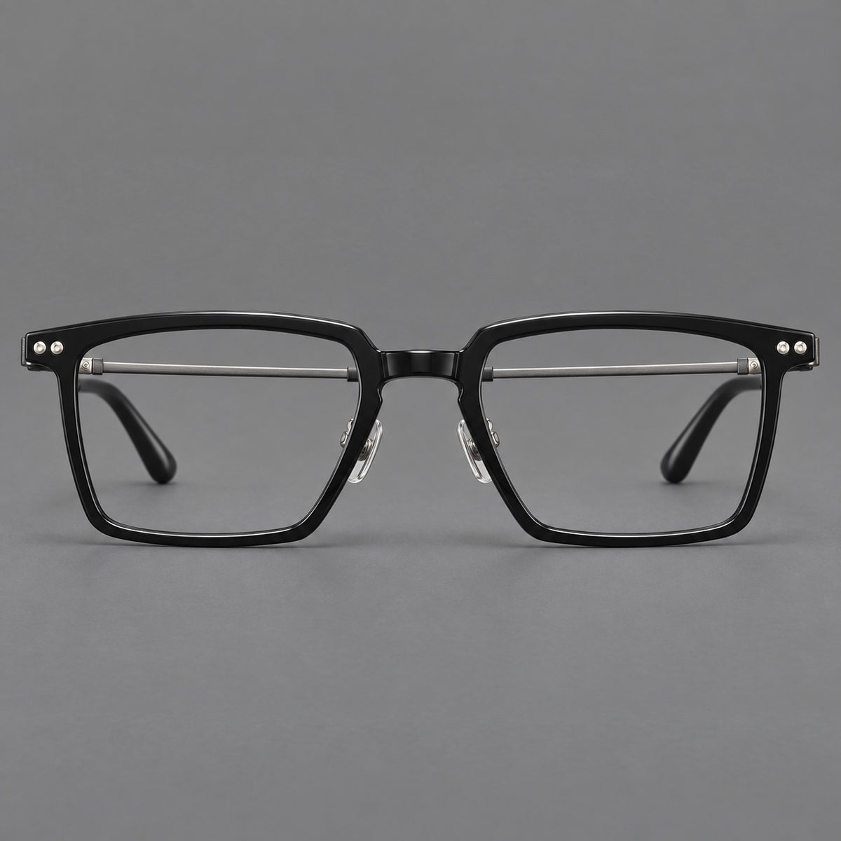 Classic acetate and titanium eyeglasses with a straight brow and rounded rectangular rims in Black / Brushed Grey, front view