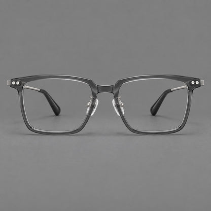 Classic acetate and titanium eyeglasses with a straight brow and rounded rectangular rims in Clear Grey / Silver, front view additional product view