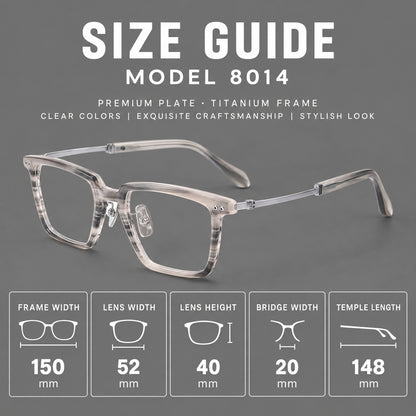Classic acetate and titanium eyeglasses with a straight brow and rounded rectangular rims, size guide in millimetres additional product view