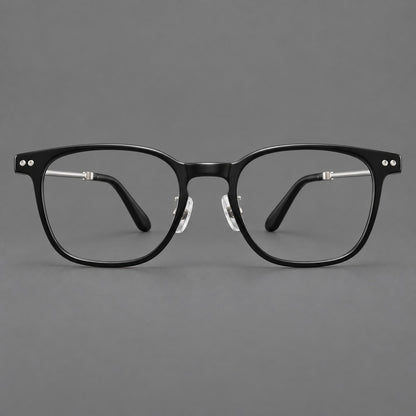 Vintage acetate and titanium eyeglasses with soft square rims and paired metal rivets in Black / Silver, front view frame detail
