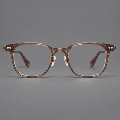 Vintage acetate and titanium eyeglasses with soft square rims and paired metal rivets in Clear Brown / Antique Bronze, front view additional product view
