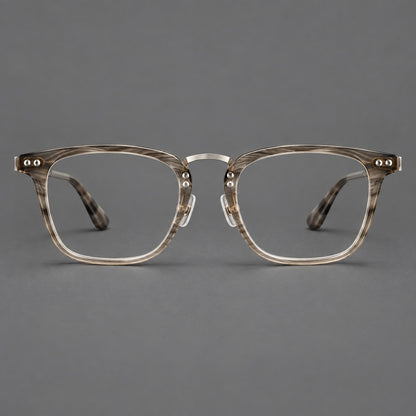 Acetate and titanium eyeglasses with soft square rims and an arched metal bridge in Grey Woodgrain / Silver, front view frame detail