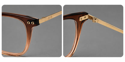 Acetate and titanium eyeglasses with soft square rims and an arched metal bridge, frame details additional product view