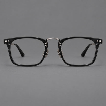 Acetate and titanium eyeglasses with angular rectangular rims and a curved metal bridge in Black / Gunmetal, front view additional product view