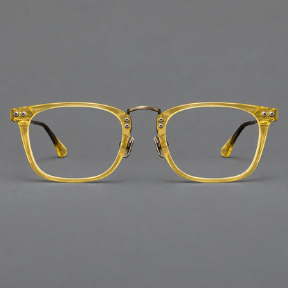 Acetate and titanium eyeglasses with angular rectangular rims and a curved metal bridge in Jade Yellow / Antique Bronze, front view additional product view