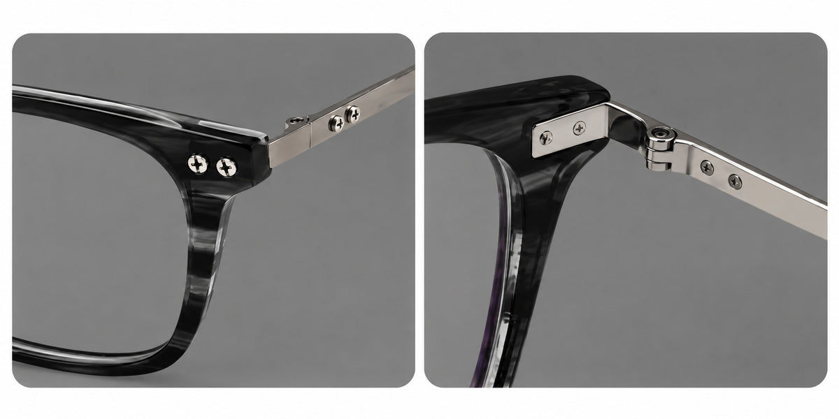 Acetate and titanium eyeglasses with angular rectangular rims and a curved metal bridge, frame details