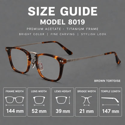 Acetate and titanium eyeglasses with angular rectangular rims and a curved metal bridge, size guide in millimetres additional product view