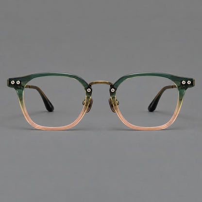 Retro acetate and titanium eyeglasses with softly rounded rims and a metal bridge in Green Pink Gradient / Antique Bronze, front view frame detail