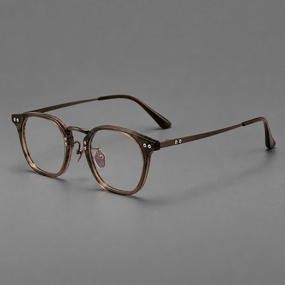 Retro acetate and titanium eyeglasses with softly rounded rims and a metal bridge in Coffee Brown, three quarter view additional product view