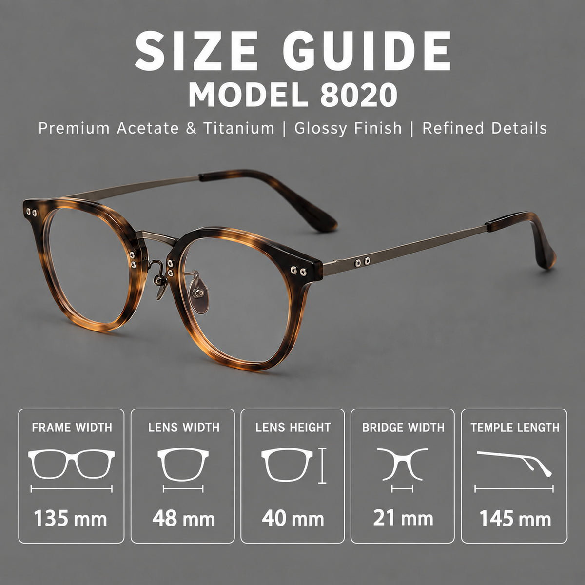 Retro acetate and titanium eyeglasses with softly rounded rims and a metal bridge, size guide in millimetres