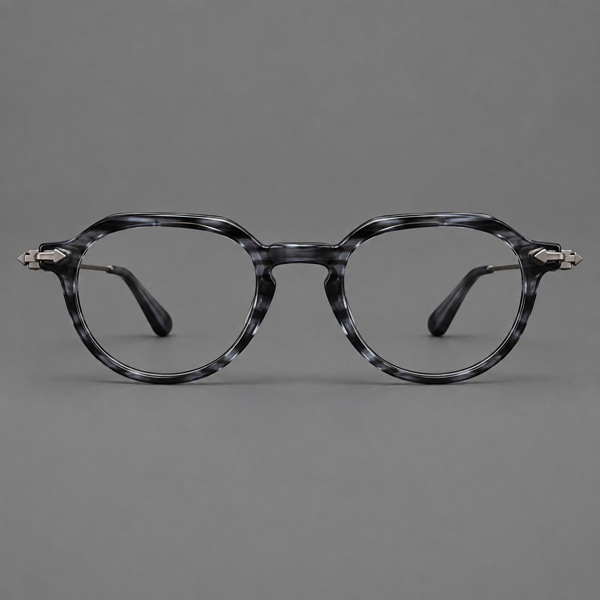 Retro acetate and titanium eyeglasses with panto rims and decorative arrow corner accents in Grey Blue Woodgrain / Gunmetal, front view
