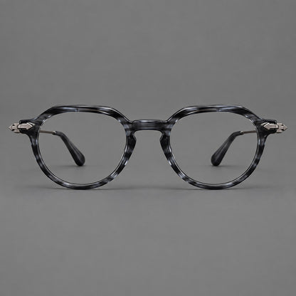Retro acetate and titanium eyeglasses with panto rims and decorative arrow corner accents in Grey Blue Woodgrain / Gunmetal, front view frame detail