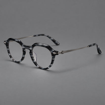Retro acetate and titanium eyeglasses with panto rims and decorative arrow corner accents in Grey Blue Woodgrain / Gunmetal, three quarter view front view