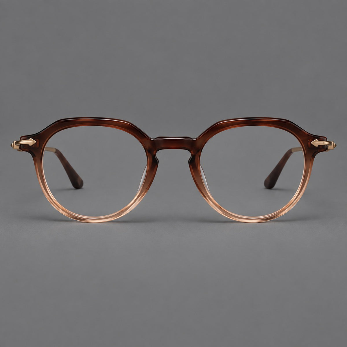 Retro acetate and titanium eyeglasses with panto rims and decorative arrow corner accents in Brown Gradient / Antique Bronze, front view