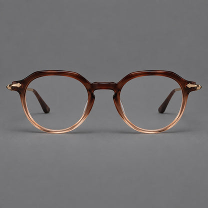 Retro acetate and titanium eyeglasses with panto rims and decorative arrow corner accents in Brown Gradient / Antique Bronze, front view temple detail