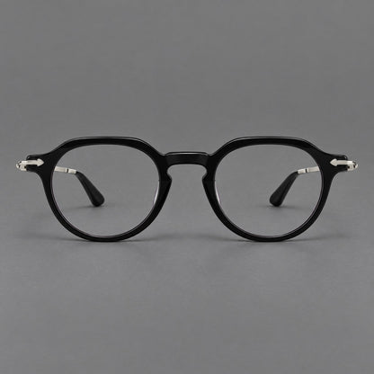 Retro acetate and titanium eyeglasses with panto rims and decorative arrow corner accents in Black / Silver, front view additional product view