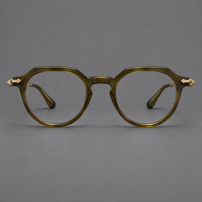 Retro acetate and titanium eyeglasses with panto rims and decorative arrow corner accents in Army Green / Antique Bronze, front view additional product view