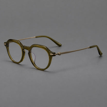 Retro acetate and titanium eyeglasses with panto rims and decorative arrow corner accents in Army Green / Antique Bronze, three quarter view additional product view