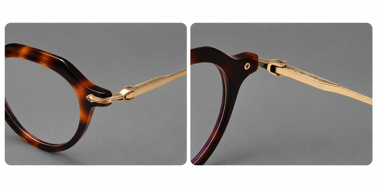 Retro acetate and titanium eyeglasses with panto rims and decorative arrow corner accents, frame details