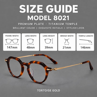 Retro acetate and titanium eyeglasses with panto rims and decorative arrow corner accents, size guide in millimetres additional product view
