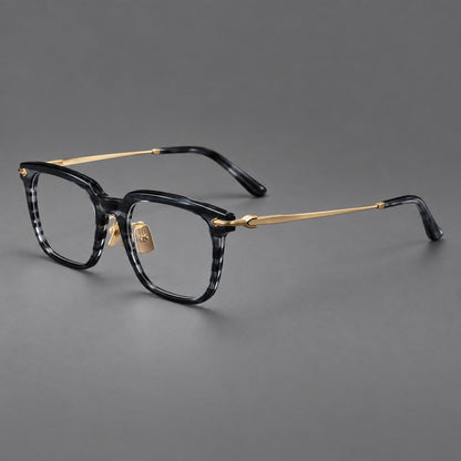 Bold acetate and titanium eyeglasses with rectangular rims and sculpted arrow accents in Grey Blue Woodgrain / Light Gold, three quarter view