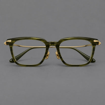 Bold acetate and titanium eyeglasses with rectangular rims and sculpted arrow accents in Army Green / Antique Bronze, front view additional product view