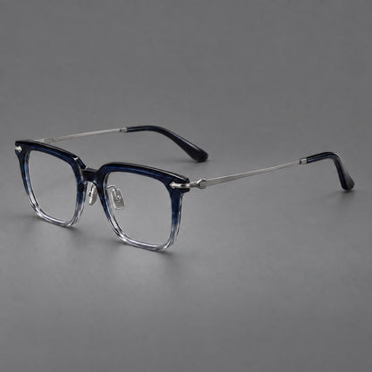 Bold acetate and titanium eyeglasses with rectangular rims and sculpted arrow accents in Blue Gradient / Silver Grey, three quarter view additional product view