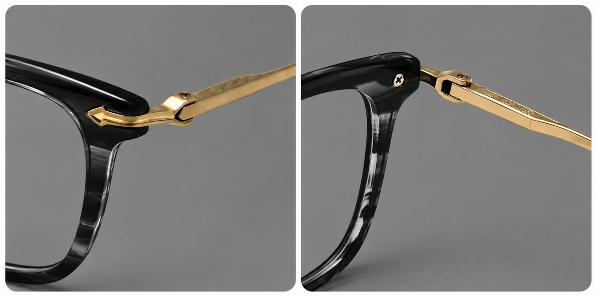 Bold acetate and titanium eyeglasses with rectangular rims and sculpted arrow accents, frame details