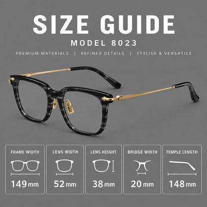 Bold acetate and titanium eyeglasses with rectangular rims and sculpted arrow accents, size guide in millimetres additional product view