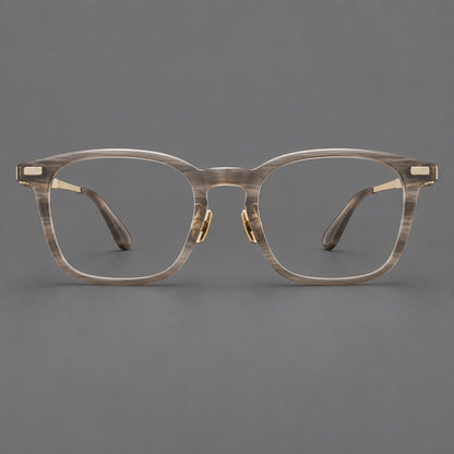 Classic acetate and titanium eyeglasses with rounded square rims and textured corner accents in Grey Woodgrain / Light Gold, front view side view