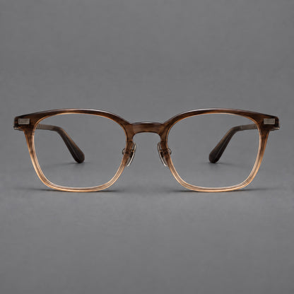 Classic acetate and titanium eyeglasses with rounded square rims and textured corner accents in Brown Gradient / Antique Bronze, front view frame detail
