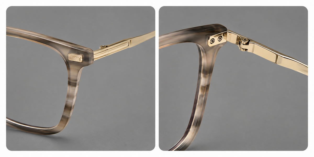 Classic acetate and titanium eyeglasses with rounded square rims and textured corner accents, frame details