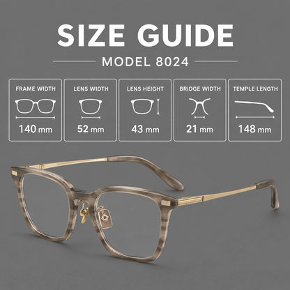 Classic acetate and titanium eyeglasses with rounded square rims and textured corner accents, size guide in millimetres additional product view