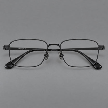 Modern square titanium glasses with an angular bridge and broad straight temples in Black, front view side view