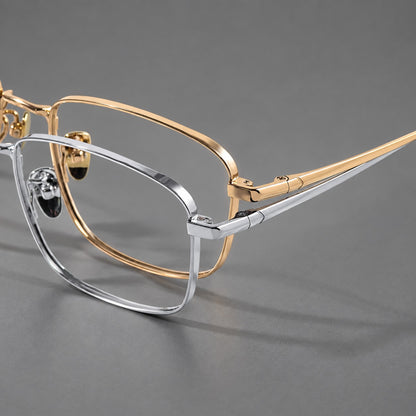 Modern square titanium glasses with an angular bridge and broad straight temples, frame details additional product view
