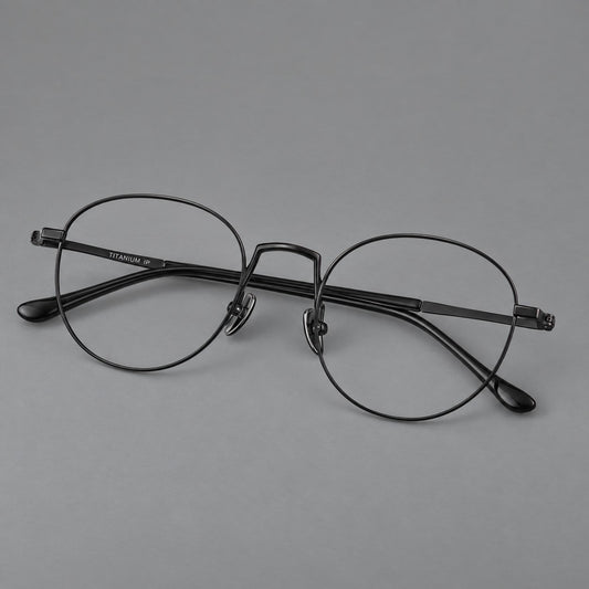 Retro round titanium glasses with a raised bridge and smooth corner shoulders in Black, three quarter view