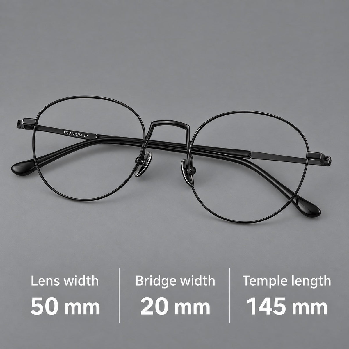 Retro round titanium glasses with a raised bridge and smooth corner shoulders, size guide in millimetres