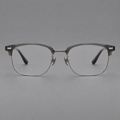 Classic browline titanium glasses with fine lower rims and subtle corner accents in Gunmetal, front view frame detail