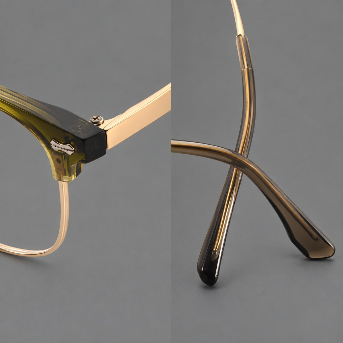 Classic browline titanium glasses with fine lower rims and subtle corner accents, frame details