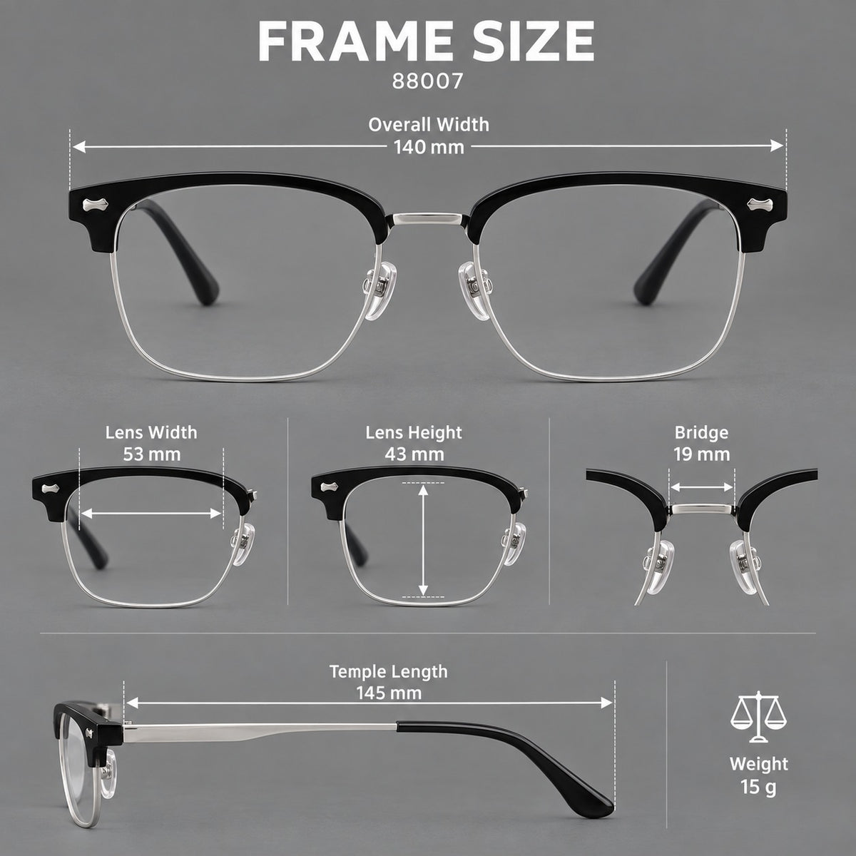 Classic browline titanium glasses with fine lower rims and subtle corner accents, size guide in millimetres