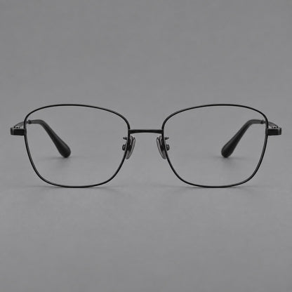 Soft square titanium glasses with angled upper corners and decorated hinges in Black, front view side view