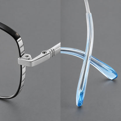 Soft square titanium glasses with angled upper corners and decorated hinges, frame details additional product view