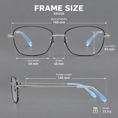 Soft square titanium glasses with angled upper corners and decorated hinges, size guide in millimetres additional product view