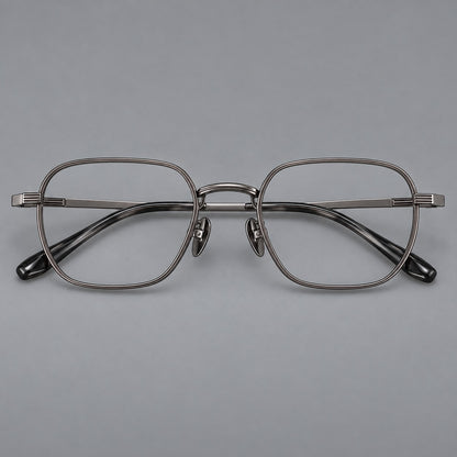 Retro square titanium glasses with rounded rims and finely grooved shoulders in Gunmetal, front view side view