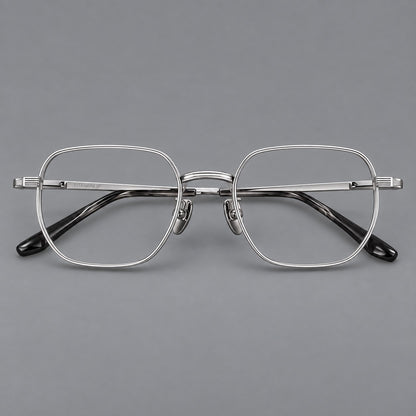 Retro square titanium glasses with rounded rims and finely grooved shoulders in Silver, front view temple detail