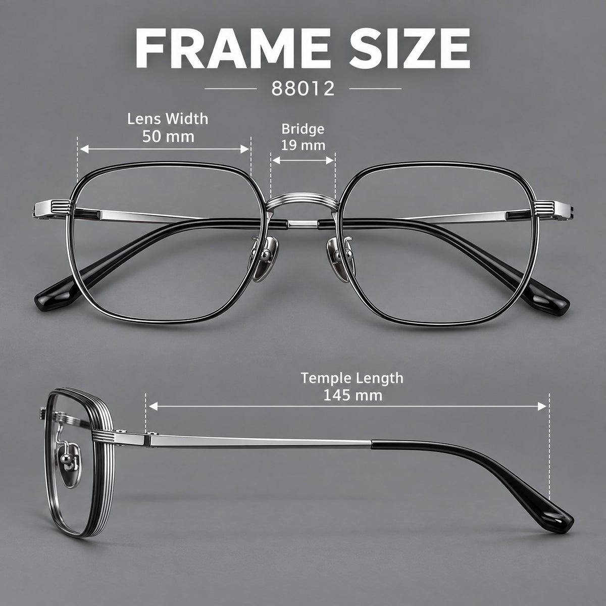 Retro square titanium glasses with rounded rims and finely grooved shoulders, size guide in millimetres