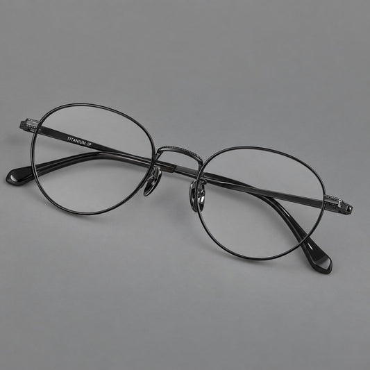 Rounded panto titanium glasses with a raised bridge and dotted temple accents in Black, three quarter view