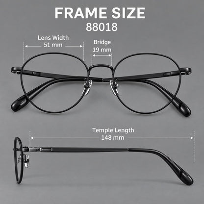 Classic round titanium glasses with broad flat temples and inset hinge details, size guide in millimetres additional product view