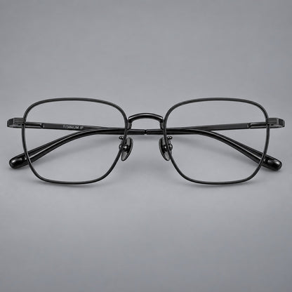 Deep square titanium glasses with a flatter brow and grooved outer shoulders in Black, front view side view