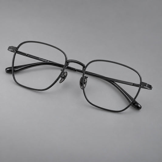 Deep square titanium glasses with a flatter brow and grooved outer shoulders in Black, three quarter view